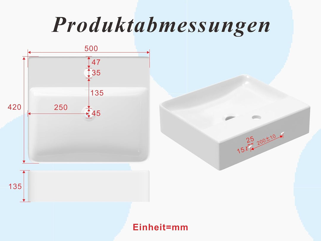 Waschbecken aus Keramik Weiss Eckig 50 x 42 cm Aufsatzwaschbecken für Waschtisch Unterschrank Waschp