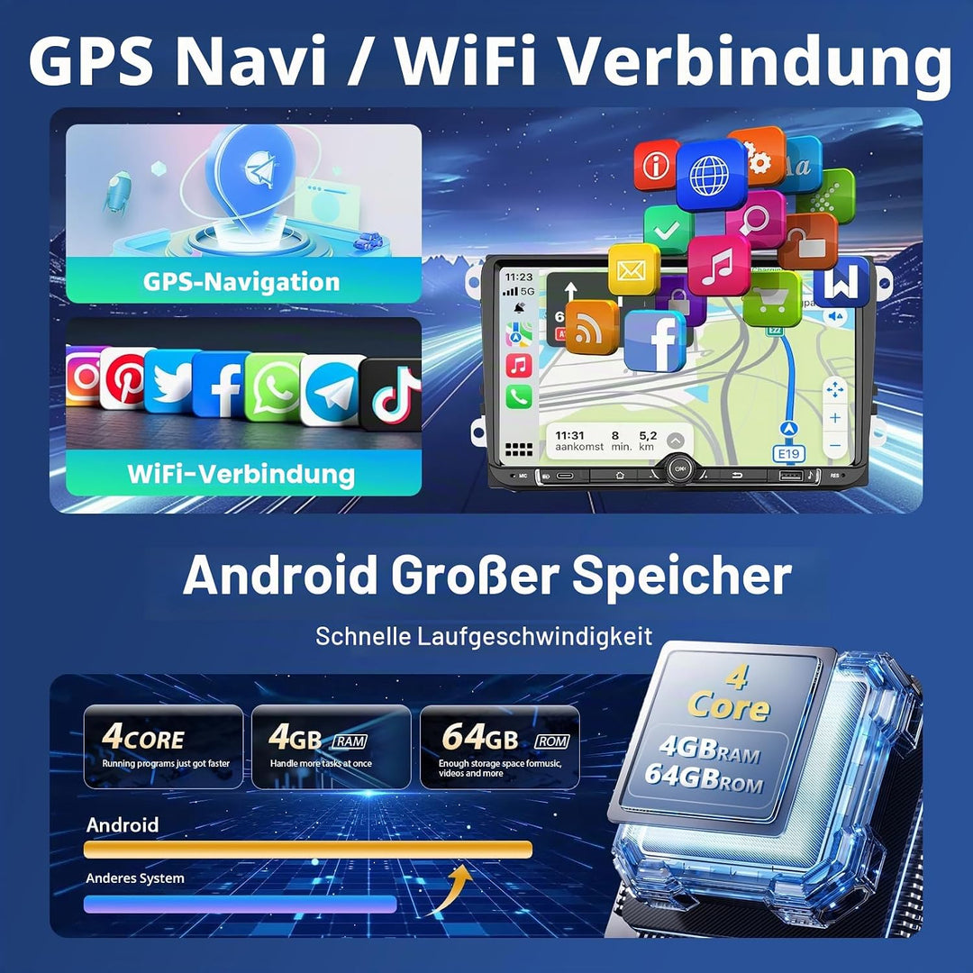 4GB+64GB Autoradio mit Type-C GPS Navi für VW Passat B6 T5 Golf 5 6 Polo Tiguan 6R T5 Jetta Seat Sko