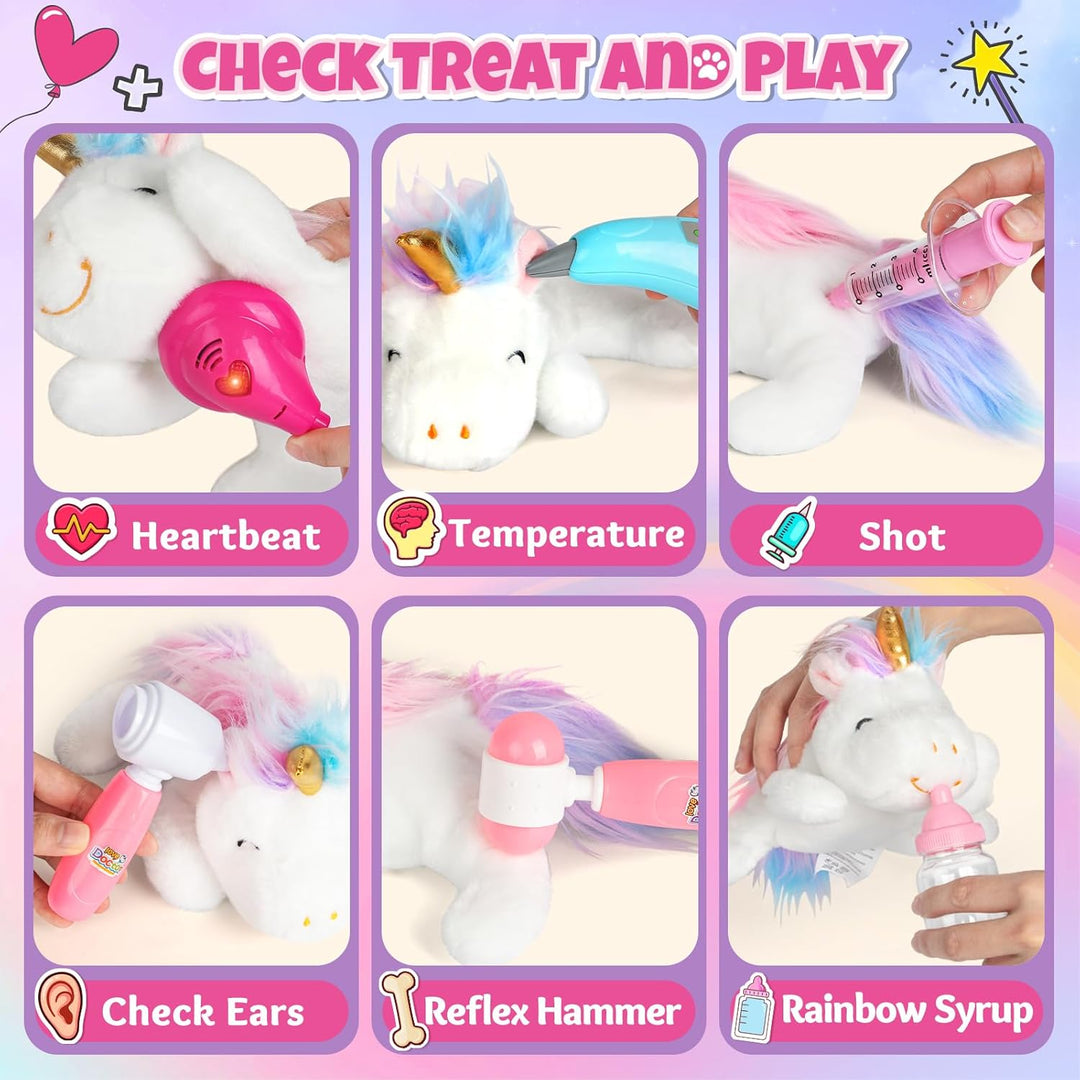 Kinder Arztkoffer, Tierarzt Spielzeug Set mit Plüsch Einhorn & Arztkittel, Rollenspiel für Kinder ab
