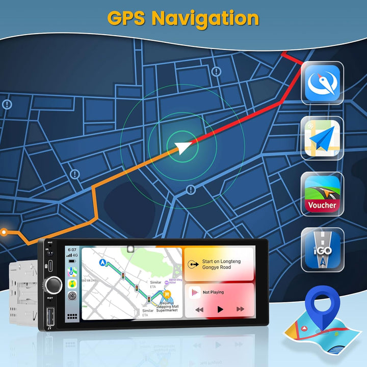Hikity 1 DIN Wireless Carplay Autoradio 6,9” Touchscreen Auto Radio Android Auto Bildschirm mit Blue