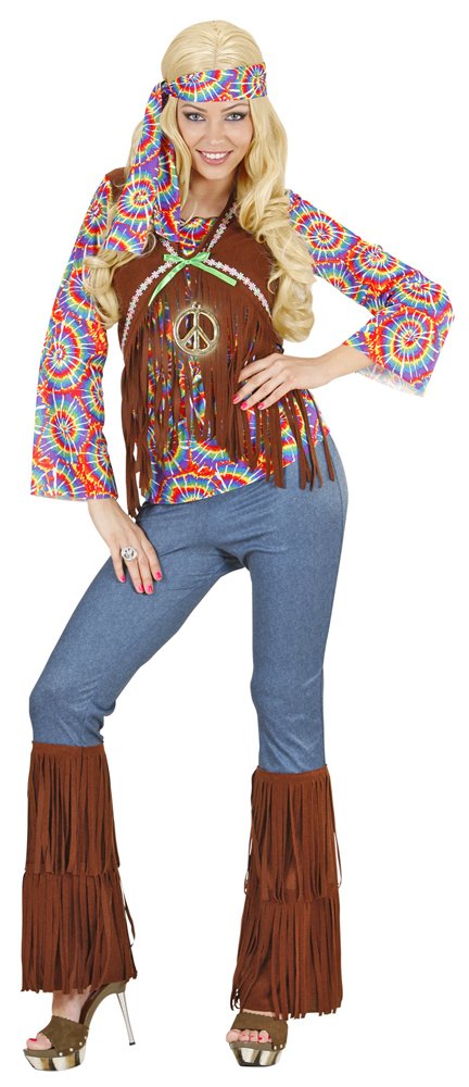"PSYCHEDELIC HIPPIE WOMAN" (shirt with vest, pants, headband, necklace) - (S), S