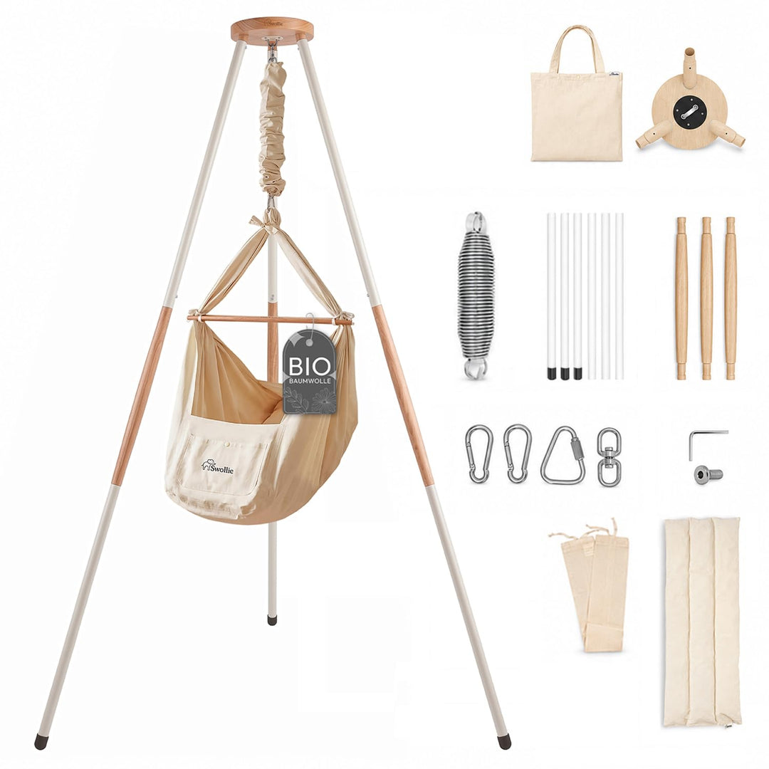 Premium Baby Federwiege mit Tipi-Gestell - Beige Federwiege mit beigem Tipi-Gestell - für Babys ab G