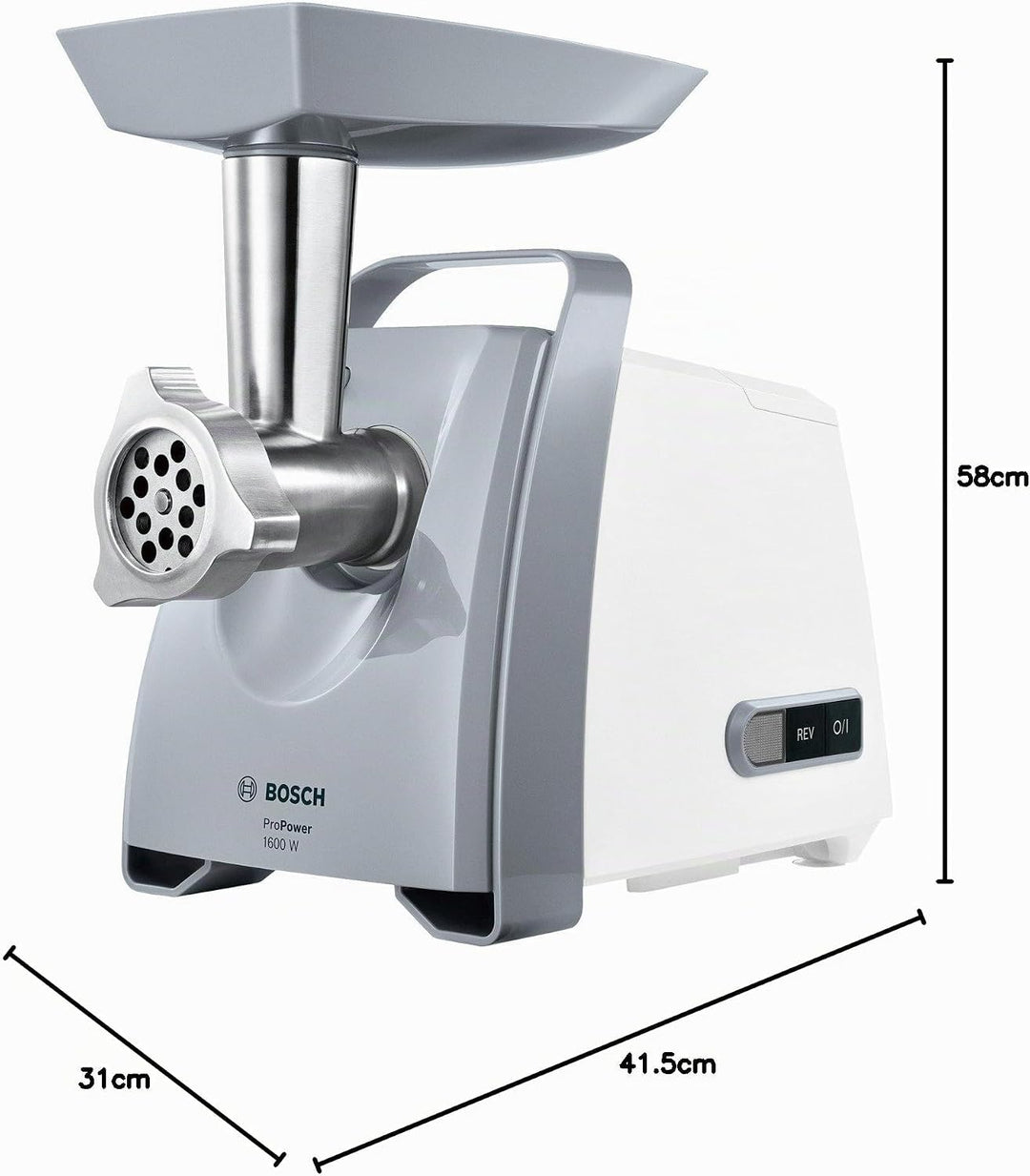 Bosch Fleischwolf CompactPower MFW45020, elektrisch, Wurstaufsatz, Edelstahl Loch-Scheiben 3,8mm + 8