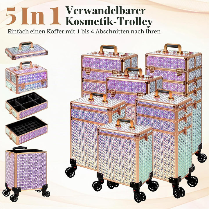 Arous 5-in-1 Profi-Kosmetikkoffer, Aluminium, mit 360° drehbaren Rädern Bunt, Bunt