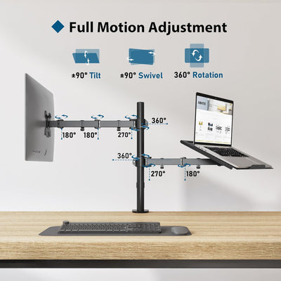 BONTEC Monitor Halterung mit Laptop Arm für 13-27 Zoll LCD LED Bildschirm bis zu 15,6“ Notebook, Nei