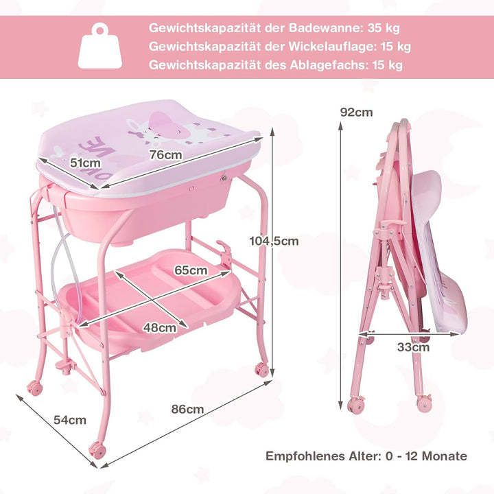 COSTWAY 4 in 1 Wickeltisch klappbar mit Badewanne, tragbare Wickelkommode mit Wickelauflage, mobile