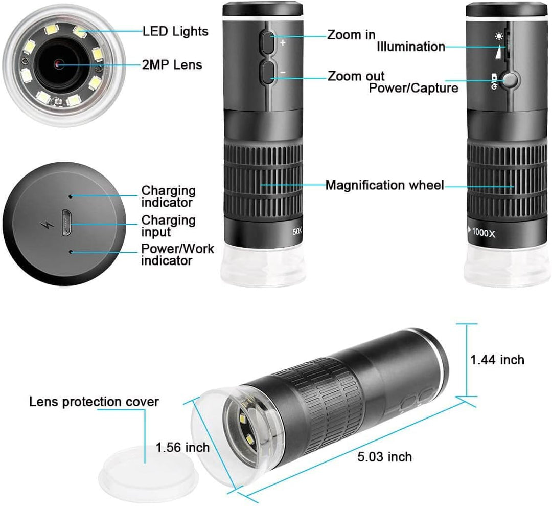 Jiusion WiFi USB-Digitalmikroskop HD Auflösung 50 bis 1000fache drahtlose Vergrösserung Endoskop 8 L