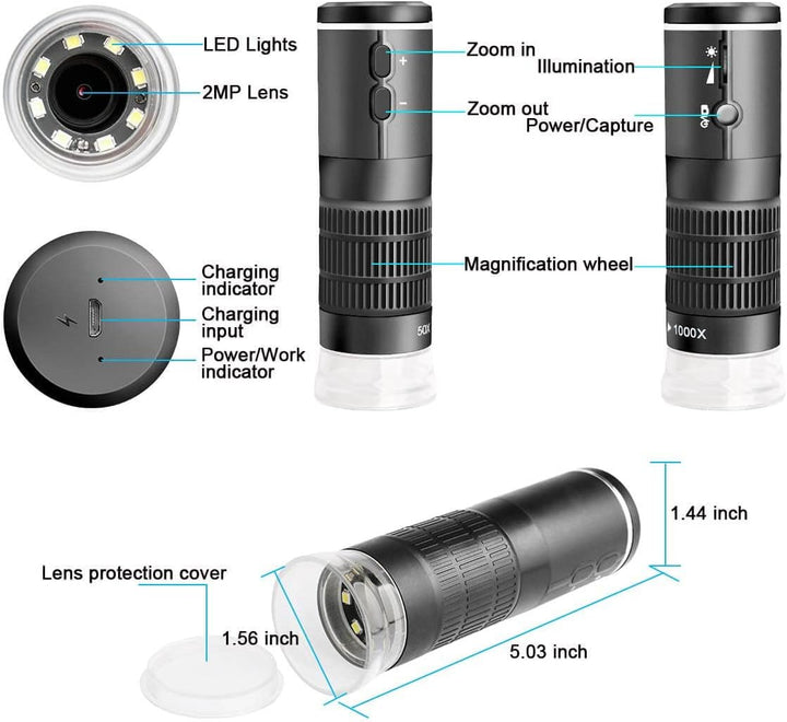 Jiusion WiFi USB-Digitalmikroskop HD Auflösung 50 bis 1000fache drahtlose Vergrösserung Endoskop 8 L