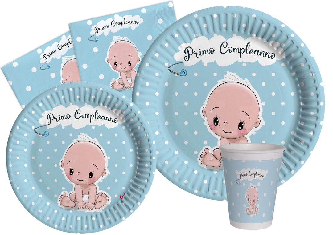 Ciao - Partygeschirr Primo Compleanno für 24 Personen (112 pcs: 24 Pappteller Ø23cm, 24 Pappteller Ø