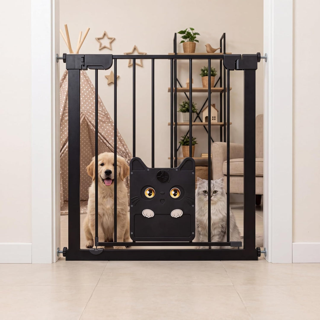 Türschutzgitter mit Katzenklappe ohne Bohre Absperrgitter Treppengitter Klemmgitter Schwarz 75–85cm