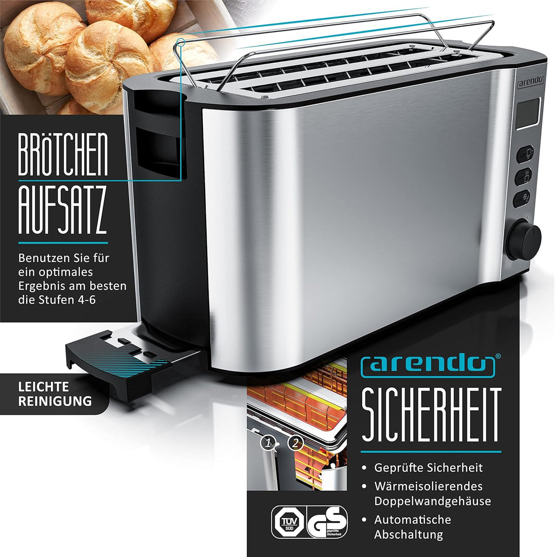 Arendo - SET Toaster MANHA mit Eierkocher SEVENCOOK Edelstahl Silber, Toaster 4 Scheiben LED-Display