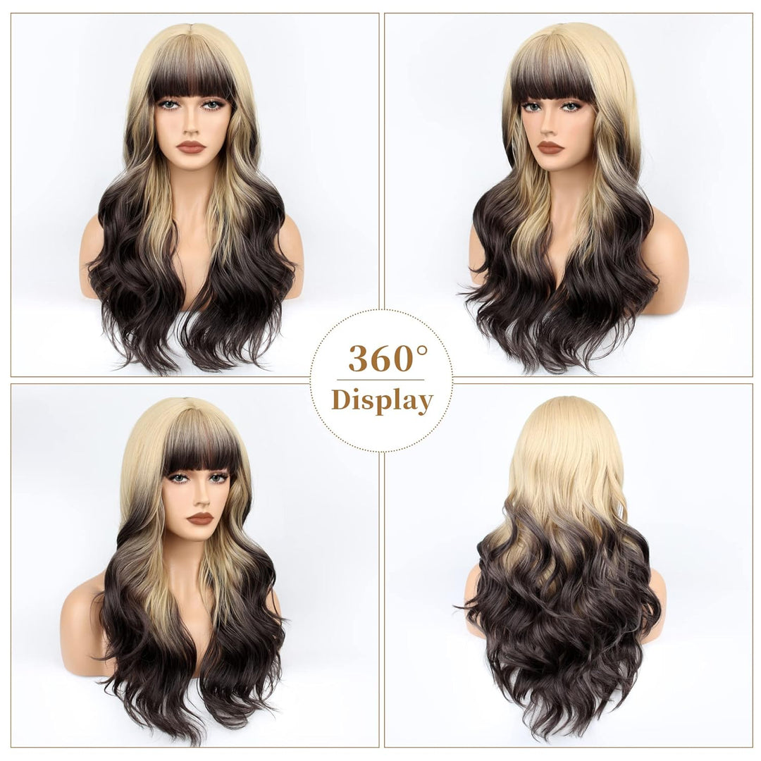 FAELBATY Perücke mit langen Locken blond Perücke mit Pony Ombre blond bis braun Perücke mit langen L
