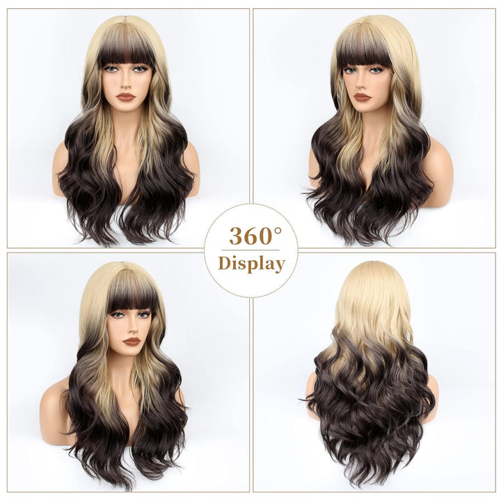 FAELBATY Perücke mit langen Locken blond Perücke mit Pony Ombre blond bis braun Perücke mit langen L