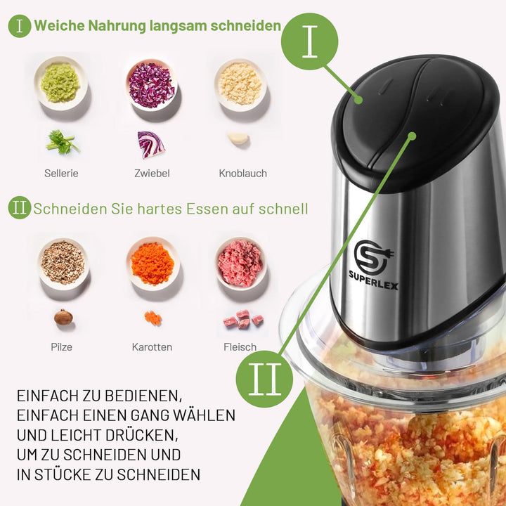 2-in-1 Zerkleinerer Küche Elektrisch 2-Geschwindigkeiten mit Glasbehälter und Deckel, 1,5L Gemüsezer
