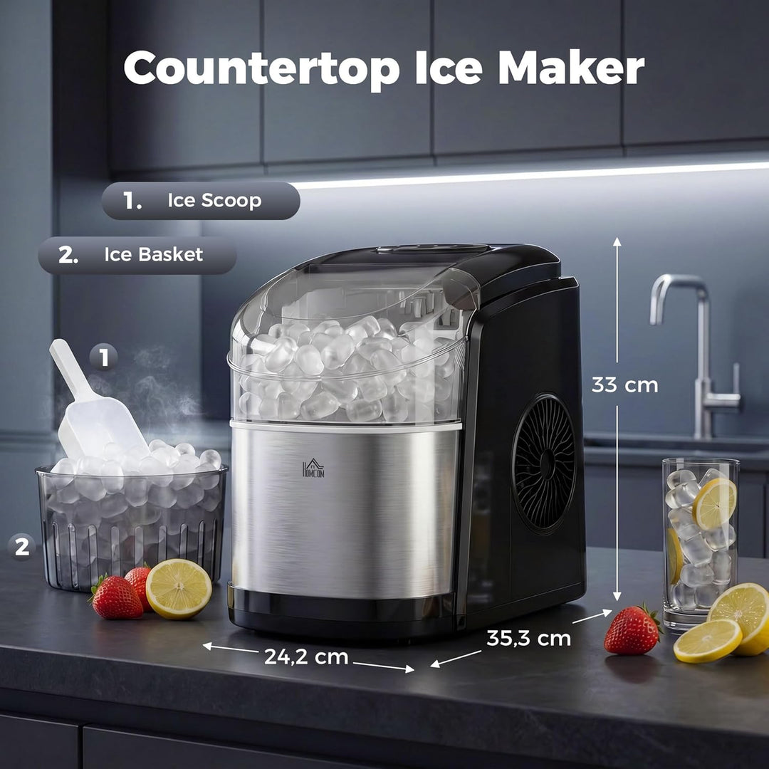 HOMCOM Eiswürfelmaschine Edelstahl, 12 kg 24 Stunden, 9 Eiswürfel in 6-9 Minuten, Verstellbar Würfel