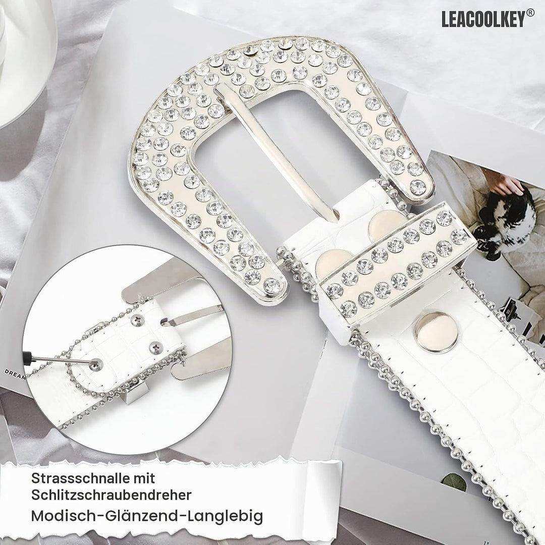 LEACOOLKEY Damen Männer Mode Strass Gürtel, Western Cowgirl Nieten Punk PU Ledergürtel für Jeans S:P