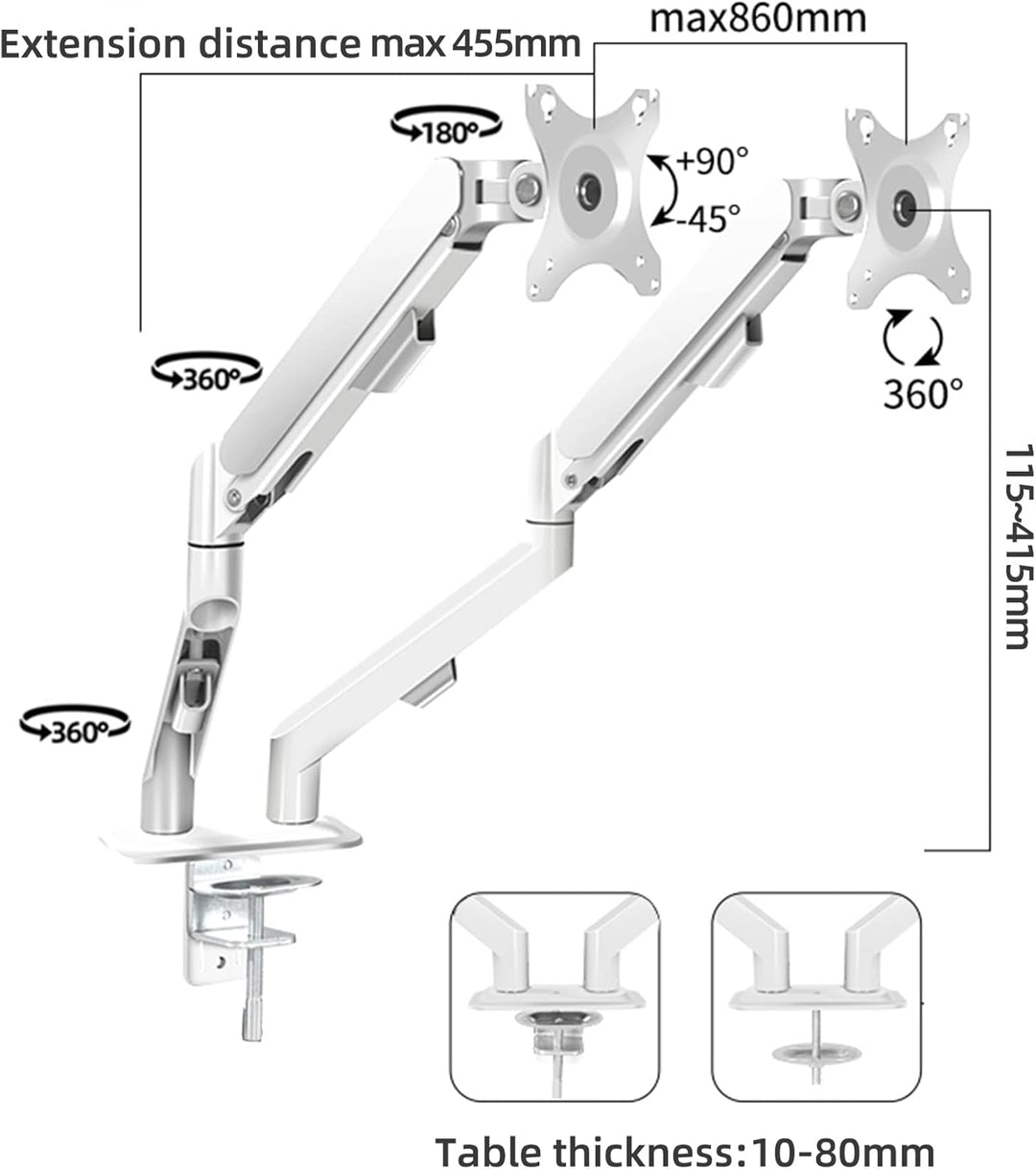 HILLPORT Weiss Monitor Arm Halterung 2 Monitore für 17 bis 30 Zoll Bildschirme, Bildschirmhalterung