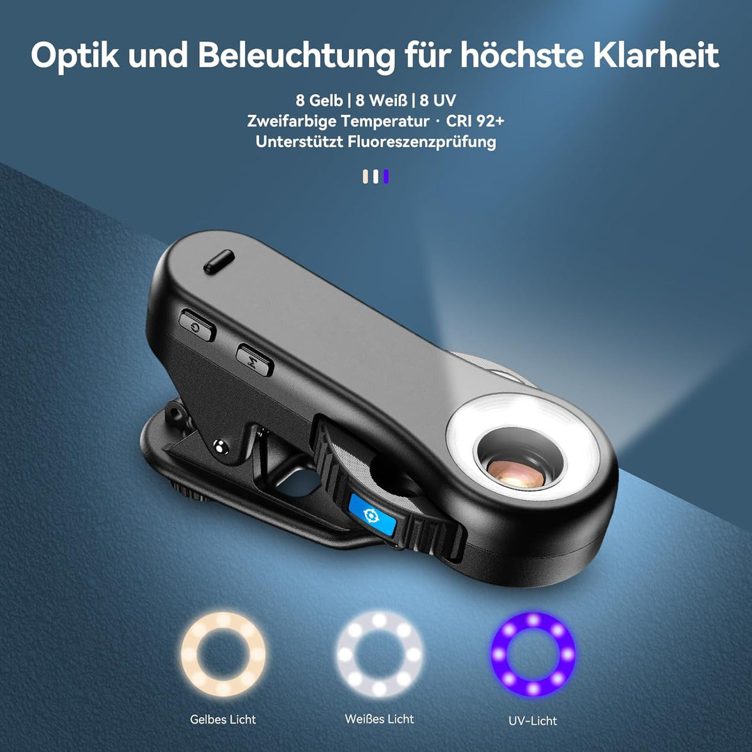 Evil Eye 40X-80X-120X Handy Mikroskop, Smartphone Mikroskop mit CPL-Filter, 16 LED, 8 UV-LED, Raddes