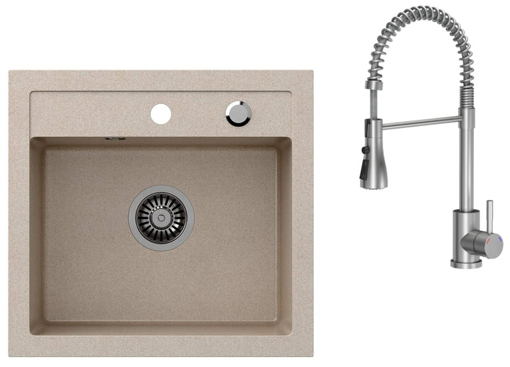 VBChome Spülbecken mit Armatur 50 x 47 cm Beige Granit Spüle Einzelbecken Küche Einbauspüle Verbunds