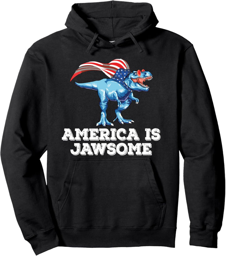 America Is Jawsome 4th Of July Dinosaur Patriotic American Pullover Hoodie