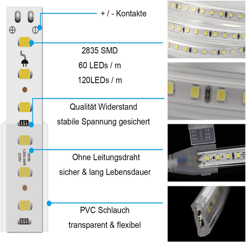 FOLGEMIR 8m Kalt Weiss LED Band ohne Leitungsdraht, 2835 SMD 120 Leds/m Strip, 220V 230V sehr helle