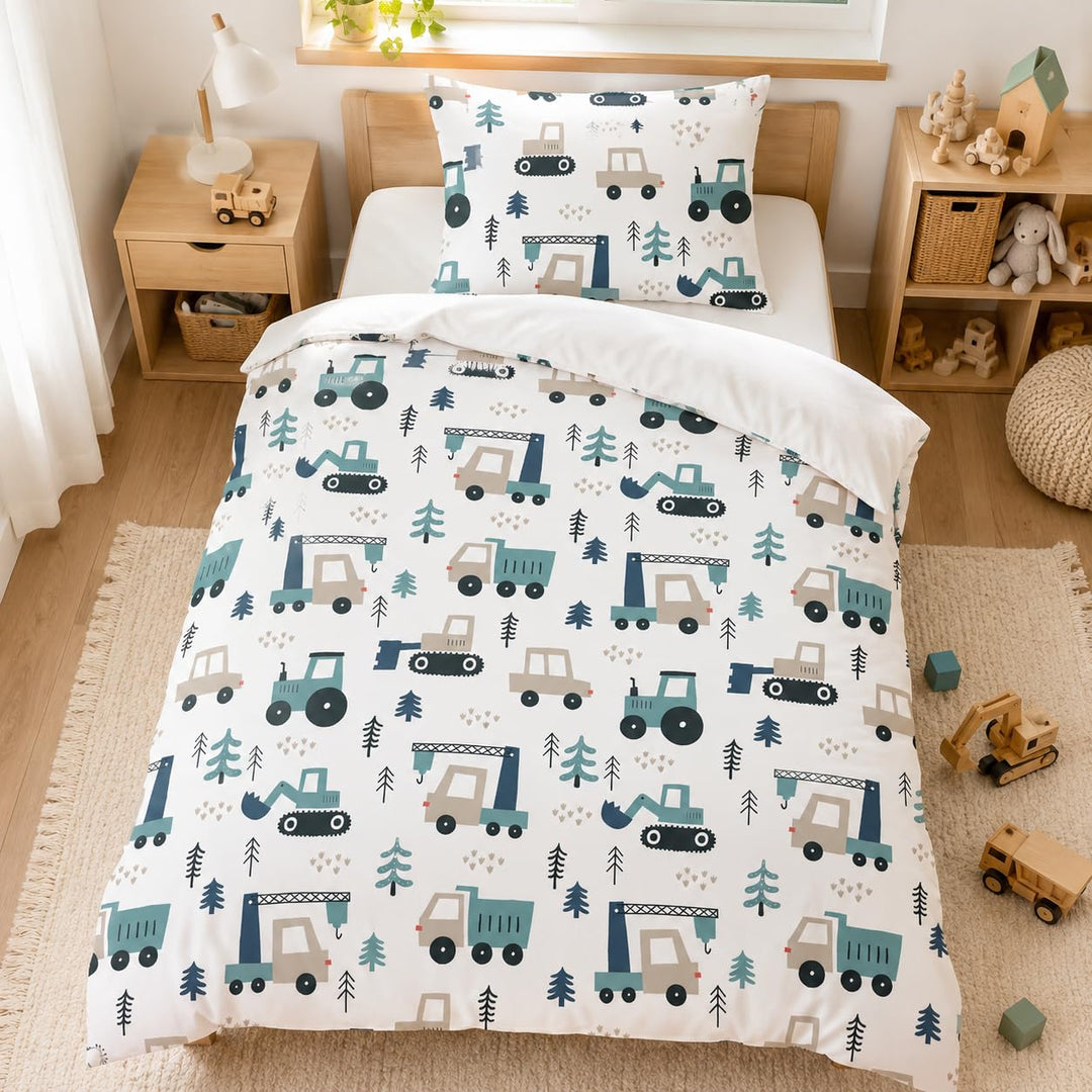 DJDEA Bagger Kinderbettwäsche 135x200 Junge Weich Mikrofaser | Baustellen Motiv Bettwäsche Kinder mi