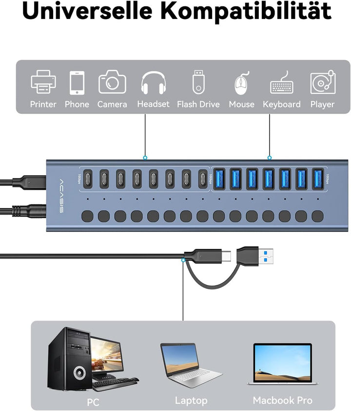 ACASIS USB-3.2-Hub mit 16 Anschlüssen (8 USB-A 3.2-Anschlüsse + 8 USB-C-3.2-Anschlüsse), Aluminium-U