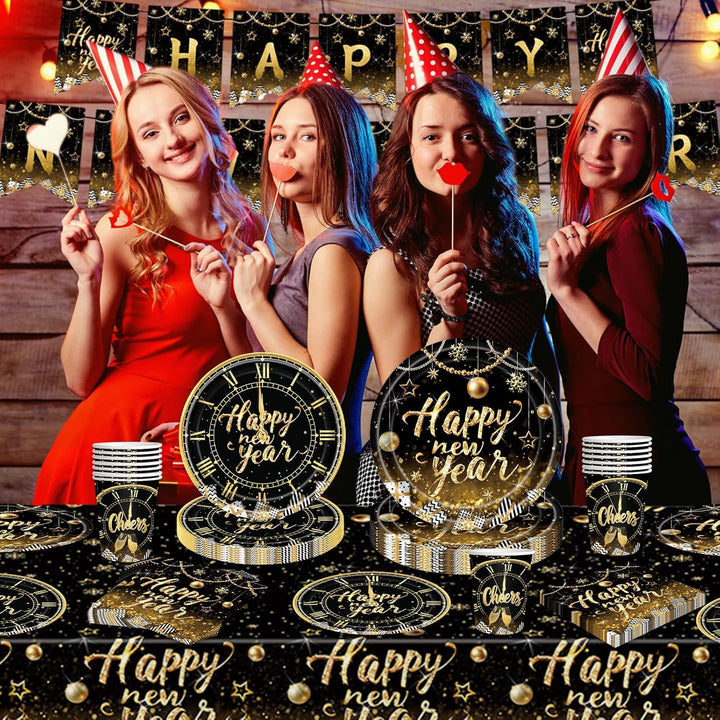 Antsparty 2025 Neujahr Partygeschirr für 24 Gäste, 98 Stück Silvester Partygeschirr mit Happy New Ye
