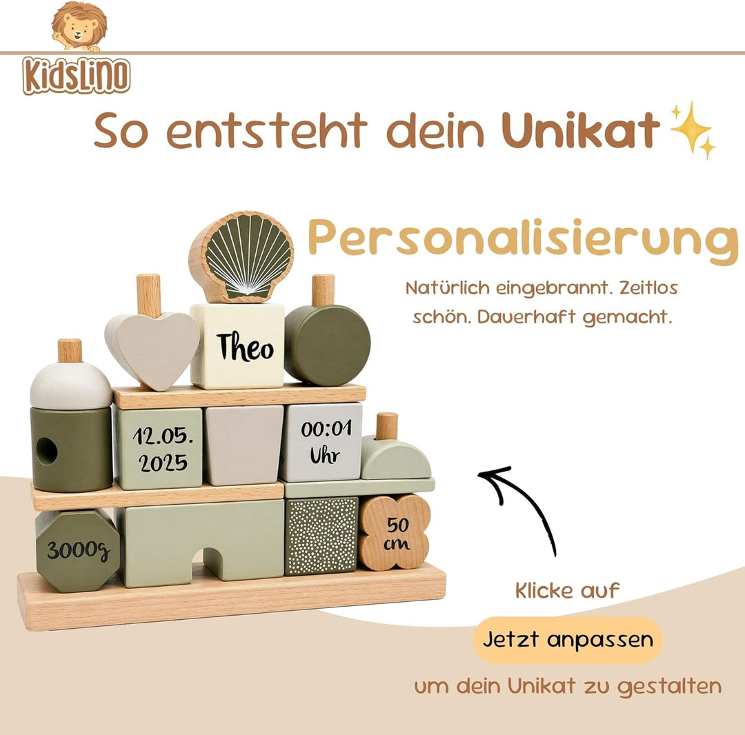 Personalisiertes Holz Steckspiel Haus Olivgrün – Baby Geschenk zur Geburt für Jungen & Mädchen – mit