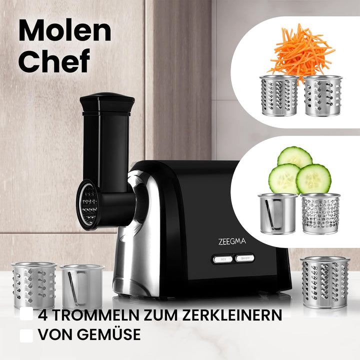 ZEEGMA Molen Chef Elektrischer Fleischwolf, 1900 W mit 3 Schleifplatten aus Edelstahl, 3 kg/min, Wur