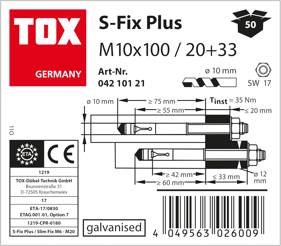 TOX Bolzenanker S-Fix Plus M10 x 100/20+33 mm 50 Stück 04210121 Verzinkt M10 x 100/20+33 mm Für unge