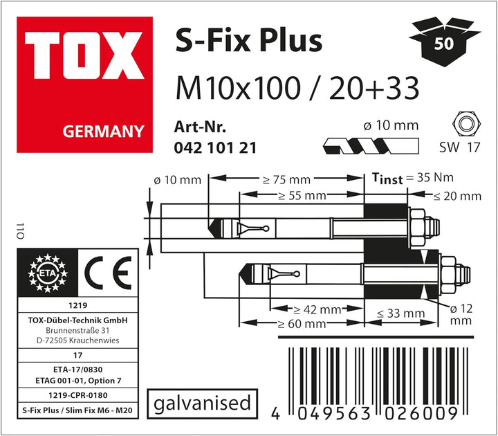 TOX Bolzenanker S-Fix Plus M10 x 100/20+33 mm 50 Stück 04210121 Verzinkt M10 x 100/20+33 mm Für unge