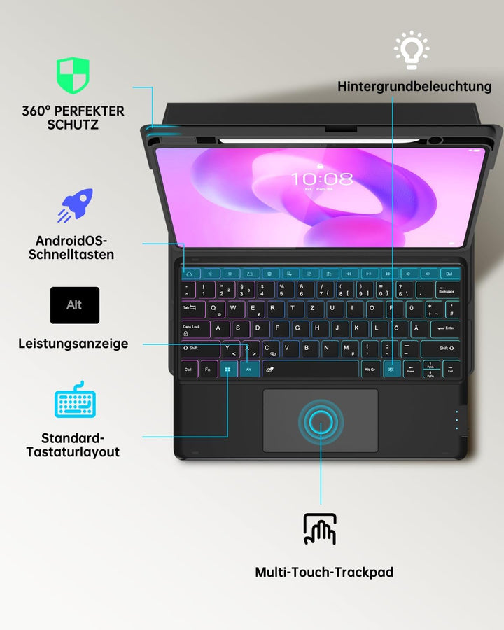 ROOFEI für Lenovo Idea Tab Plus 12,1 Zoll 2025 Hülle mit QWERTZ Tastatur - Regenbogen-Hintergrundbel