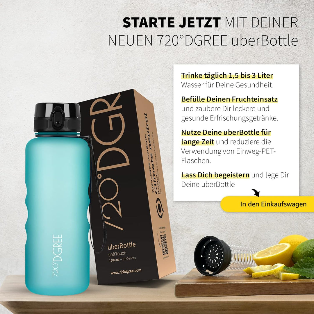 720°DGREE Trinkflasche 1,5l “uberBottle“ +Früchtebehälter - BPA-Frei, Auslaufsicher - Wasserflasche