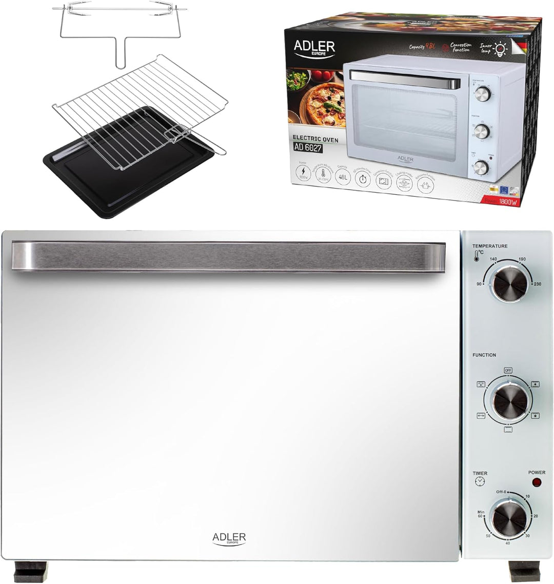 Adler Elektrischer Ofen, 48 l, AD 6027, 60 Minuten Timer, Temperaturregelung 90-230 °C, mehrere Funk