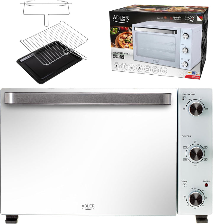 Adler Elektrischer Ofen, 48 l, AD 6027, 60 Minuten Timer, Temperaturregelung 90-230 °C, mehrere Funk