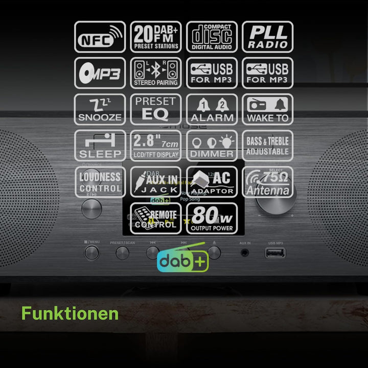 MUSE M-885 DAB Design Bluetooth Stereoanlage mit CD-Player und USB (DAB+, UKW, NFC, AUX), 80 Watt, g