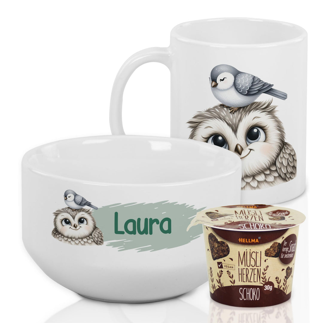 GRAZDesign Frühstückset Tasse mit Müslischale personalisiert für Kinder Eule Motiv aus Keramik - Ges