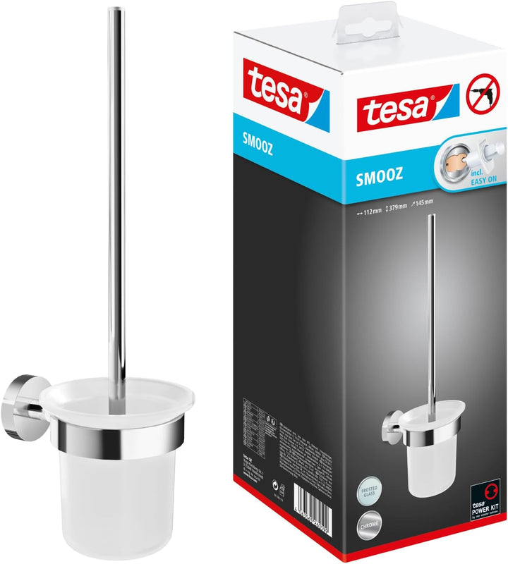 tesa SMOOZ WC-Garnitur, satiniertes Glas und verchromter Edelstahl - Toilettenbürsten-Set zur Wandbe
