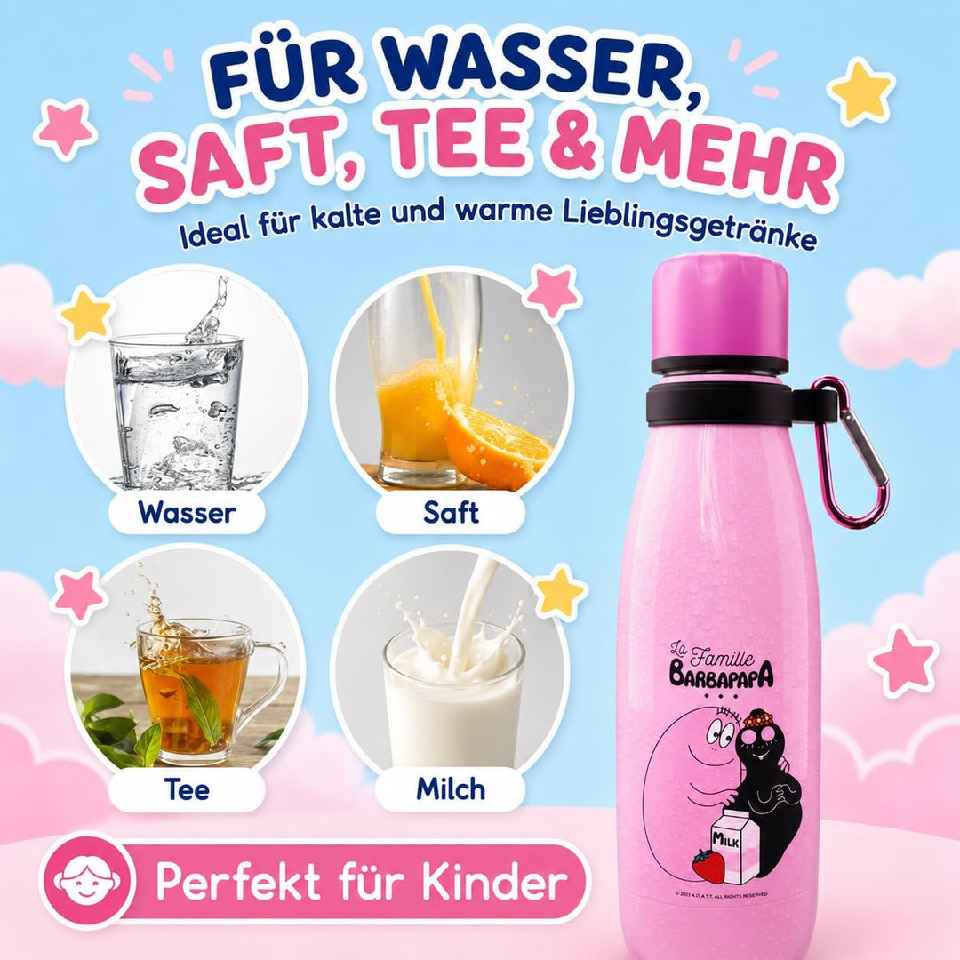 Barbapapa Trinkflasche Kinder 350 ml - Thermosflasche Edelstahl auslaufsicher BPA-frei - Isolierflas