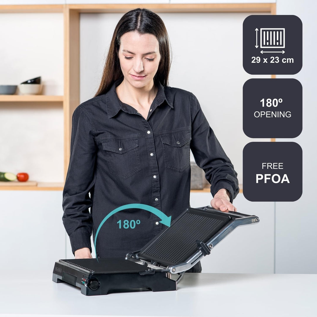 Black+Decker BXGR2200E -2-in-1: glatte Platten und Grill, Zubreiten von Fleisch, Fisch, Gemüse, 180º