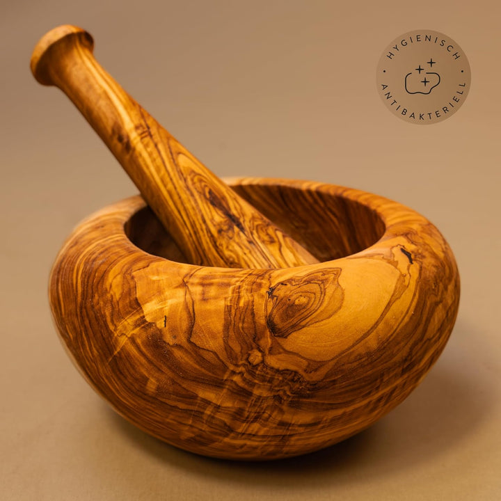 das Olivenholzbrett® Mörser und Stössel aus Olivenholz, Holzmörser rund ca.16cm, 16cm