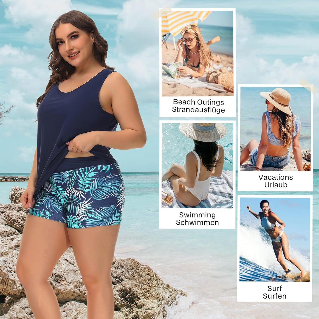 Tankini Damen Sportlich Grosse Grössen Dreiteilig Tank Aushöhlen Oberteil mit Boyshorts Push Up Bade