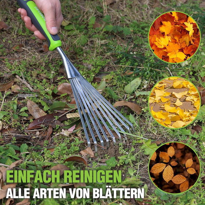 WORKPRO 41 cm Handrechen für Laub, 9-Zahn Gartenhandharke, Edelstahl Fächerrechen mit ergonomischem