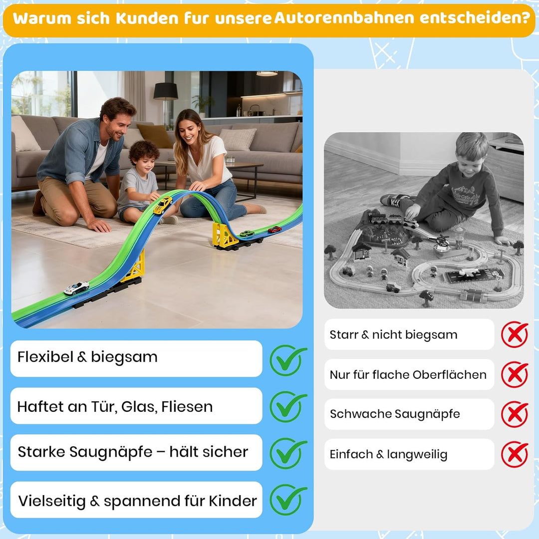 Flexible Autorennbahnen Kinder, 4.5M Rennbahn Inklusive 4 Autos, Tragbare Dual-Rennstrecke mit Rampe