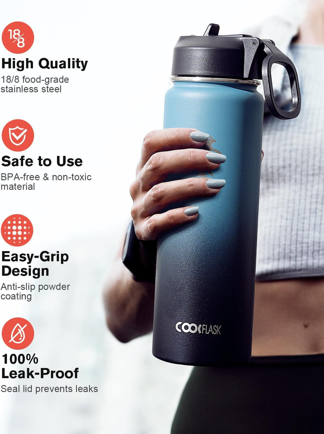 Coolflask Wasserflasche 20 oz isoliert mit Strohhalm, rostfreier Stahl Metall 3 Deckel Wasserflasche