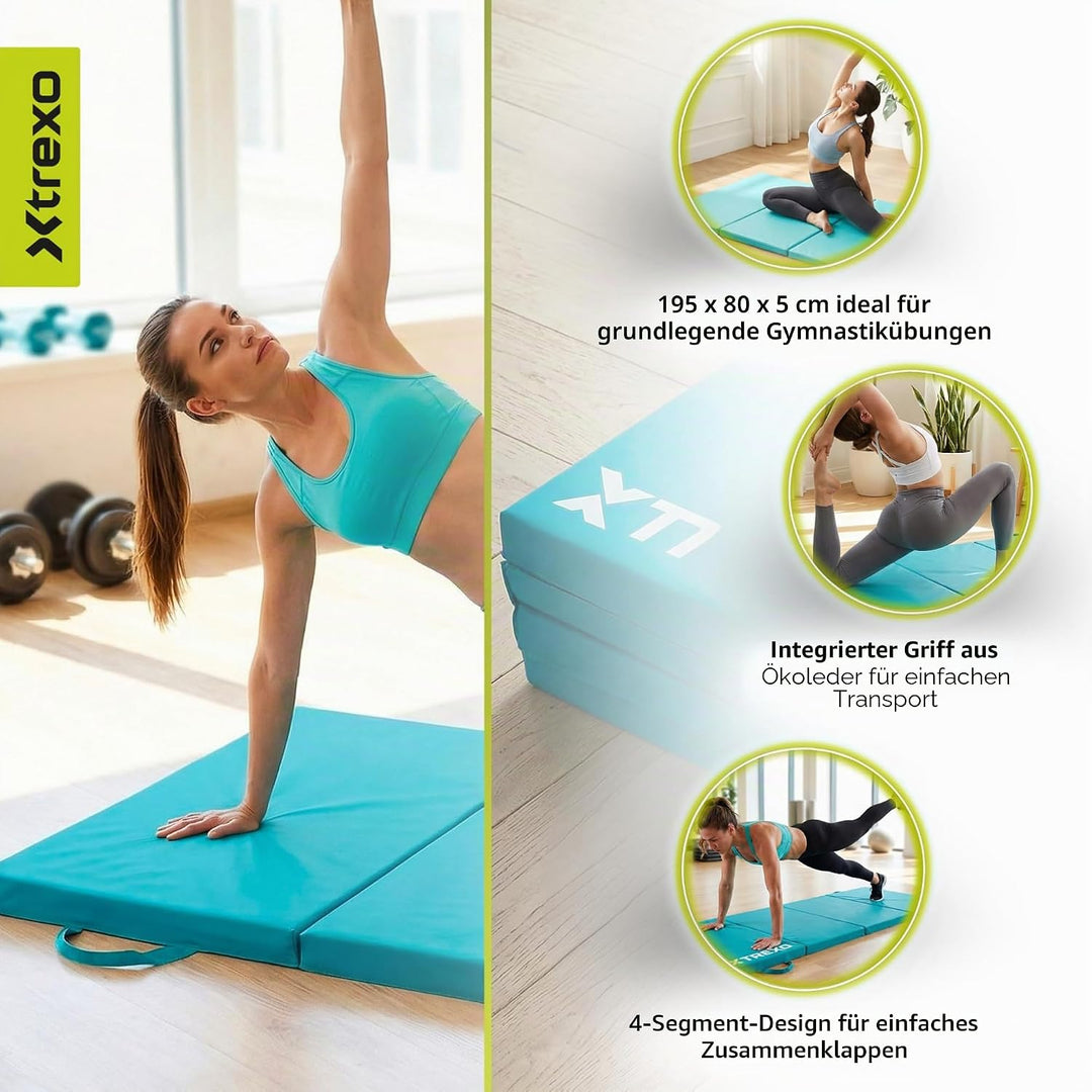 XTREXO Klappbare Gymnastikmatte – Turnmatte 4-teilig – Kunstleder &amp; EPE-Schaumstoff – Faltbar mit Tr