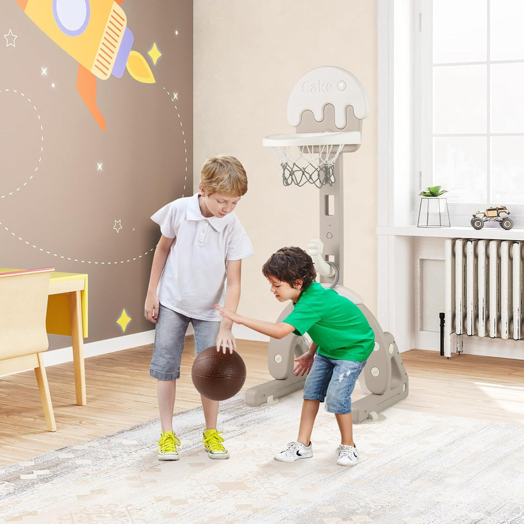 HOMASIS 4 in 1 Kinder Basketballkorb Set, multifunktional Basketballständer mit Fussballtor & Golf &