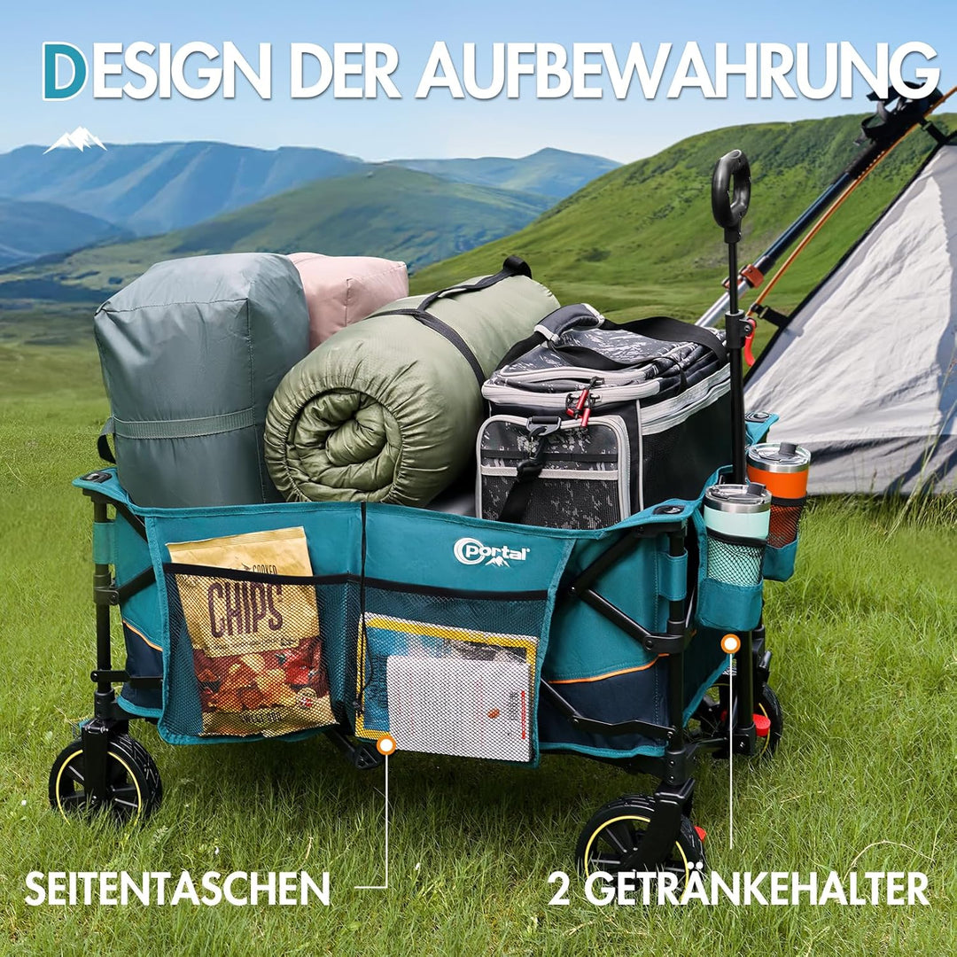 Portal Bollerwagen faltbar XXL Grosse Ladefläche 120kg belastbar Handwagen mit Getränkehalter Seiten