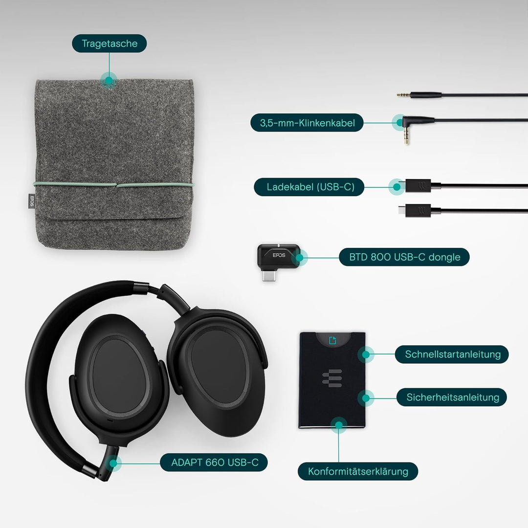EPOS Adapt 660 USB-C Kabelloses Bluetooth Headset – Hybride ANC, UC-Zertifiziert, Geräuschunterdrück